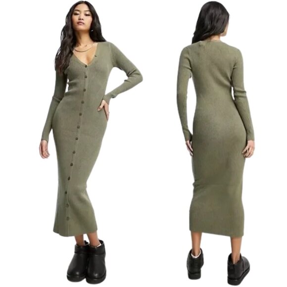 Abercrombie & Fitch Soft AF Knit Sweater Dress Women's Medium Green Ribbed NWOT - Picture 1 of 15